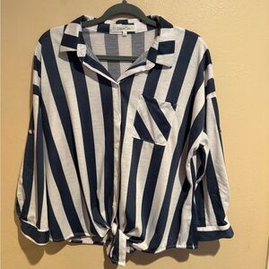 Nautical Eden & Olivia Navy and White Striped Button-Front Top w/Button Sleeves